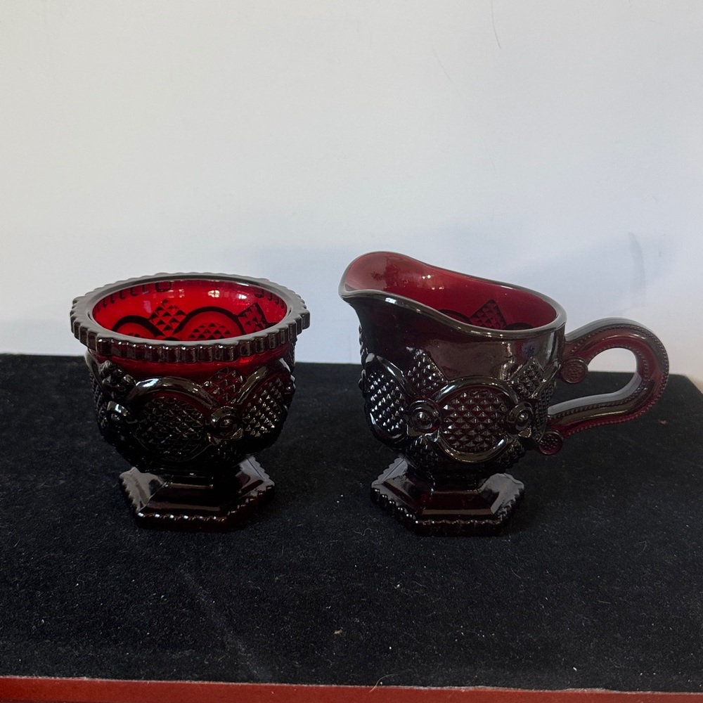 Vintage Avon 1876 Cape Cod Ruby Red Glass Creamer and Open Sugar Bowl.